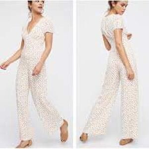 Free People Mia V-Neck Wide Leg Cream Jumpsuit with Peach Print Size 10